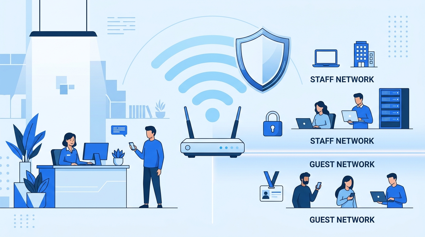 訪客 Wi-Fi 與企業無線網路安全示意圖